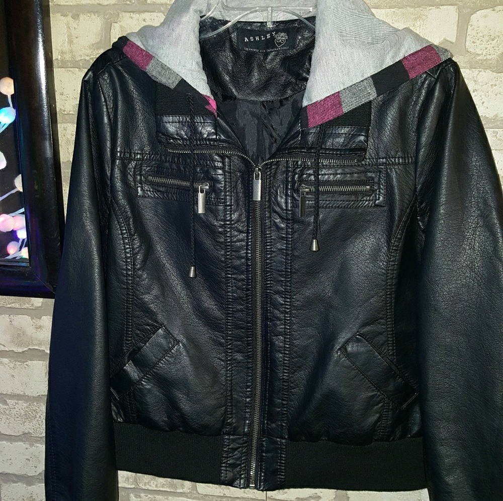 Faux leather moto jacket with attached hood